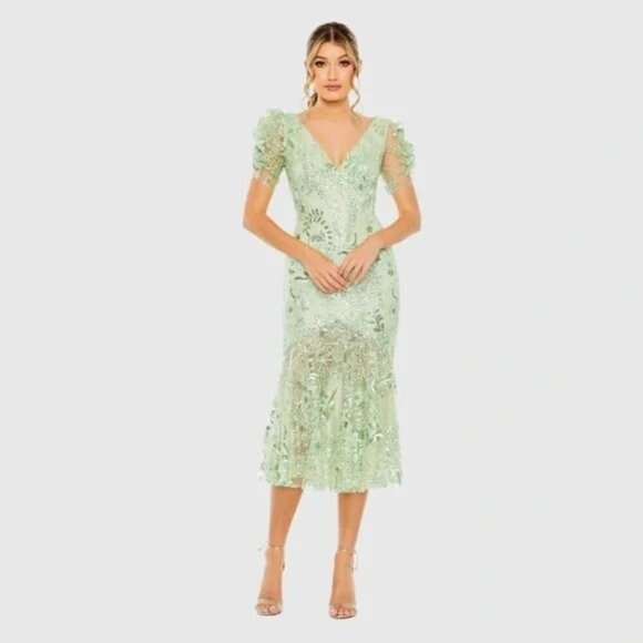 NWT Mac Duggal 68266 Mint Green Midi Dress V Neck Embellished Size 6 Formal - Picture 2 of 7